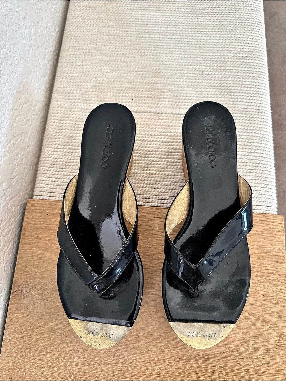 Jimmy Choo Black Patent Wedge Sandals